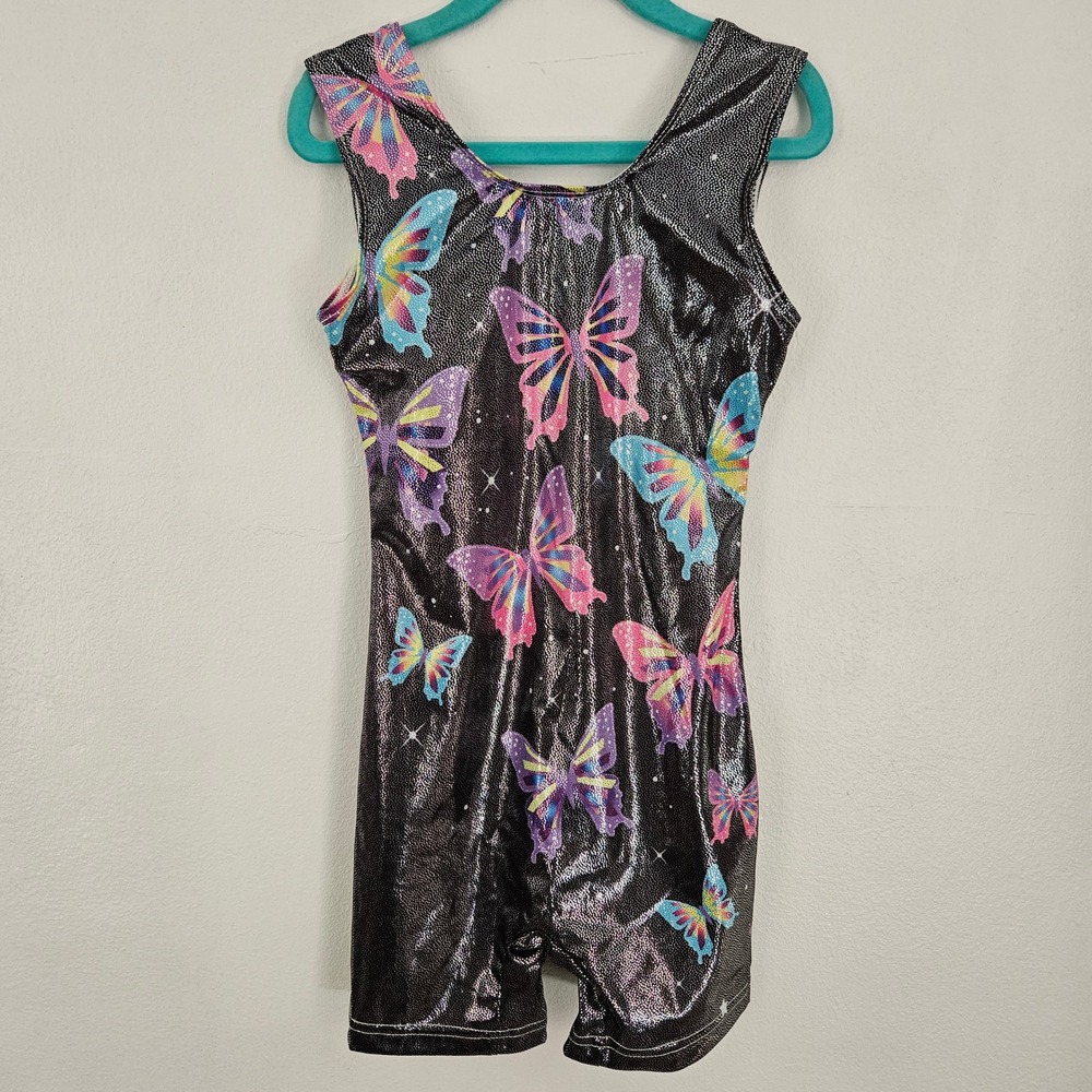 Girls Butterfly Gymnastics Biketard Set 3pc Metallic Dance Leotard Size 7 - Picture 2 of 11